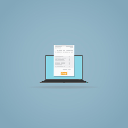 Laptop with invoice document. Yellow pay button. Online form.のイラスト素材