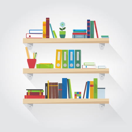 Flat illustration. Bookshelf with old books, magazines and folders.のイラスト素材