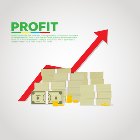 Flat illustration of pile of green dollars and gold coins. Red graph arrow rising on backgroung.のイラスト素材