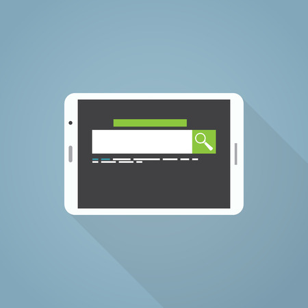 Flat style illustration with long shadow. White tablet and search engine with green search button.のイラスト素材