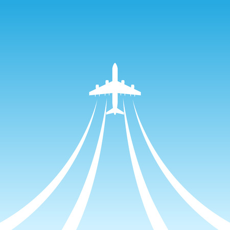 White airplane flying up in the air on blu sky.のイラスト素材