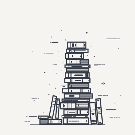 Flat style, thick and thin line design concept art. Pile of books and magazines with black lines and sparks.のイラスト素材