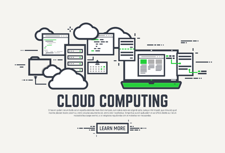Flat style, thick and thin line design concept. Set of application window, servers, laptop and clouds. Cloud computing technology banner.のイラスト素材