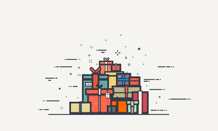 Flat style, thick and thin line design of retro boxes with presents for christmas. Lines, dots and symbols on background. Pile of colorful presents with ribbons.のイラスト素材