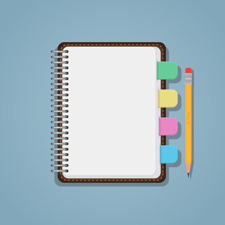 Flat realistic blank notebook with colorful bookmarks and pencil.のイラスト素材