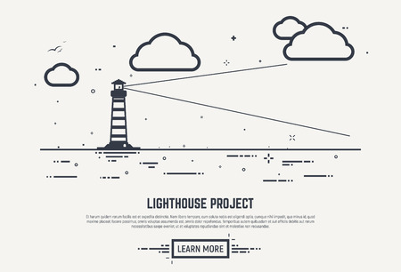 Flat style, thick and thin line design concept. Lighthouse with beam lighting into the distance in sea. Clouds and waves with dots and lines. Abstract business lighthouse illustration.のイラスト素材
