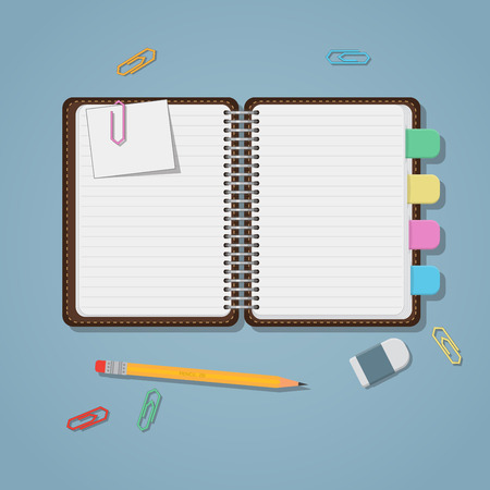 Opened notebook with colored tabs clips and pencil.のイラスト素材