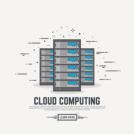 Three cloud servers. Thick lines and flat style illustration. Server with display and abstract lines.のイラスト素材