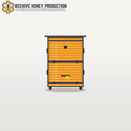 Yellow wooden modern frame beehive with honey. Flat thick line and black outline flat style illustration. For honey production company.のイラスト素材