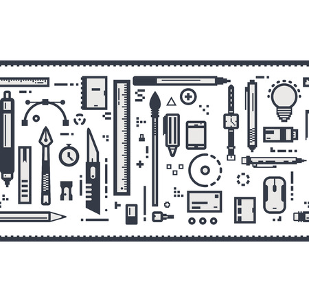 Horizontally seamless designer items tape. Thin line style crisp pixel design icons. Pens and brushes, other office supplies.のイラスト素材