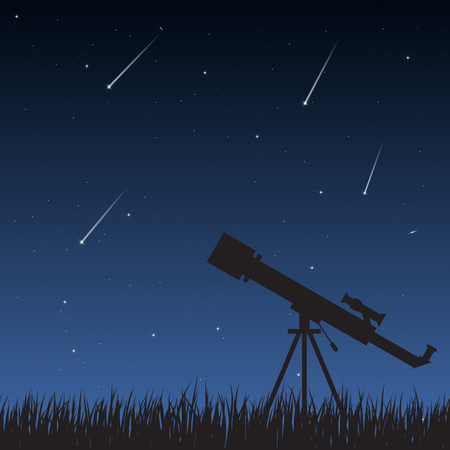 Telescope standing on the grass looking to the night sky with stars, milky way and meteors.のイラスト素材
