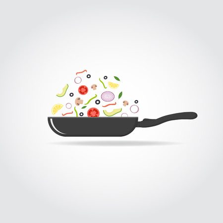 Black silhouette of cooking pan with vegetables and fruits. Healthy food concept. のイラスト素材
