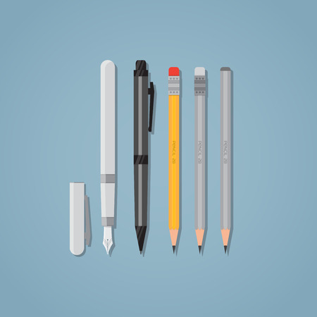 Set of office writing items. Black ball pen and nib. Wooden pencils with erasers. Flat style illustration.のイラスト素材