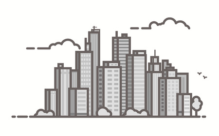 Big city skyline scene. Line outline vector illustration. Skyscrapers and business city center. Clouds and birds. Trendy linear style.のイラスト素材