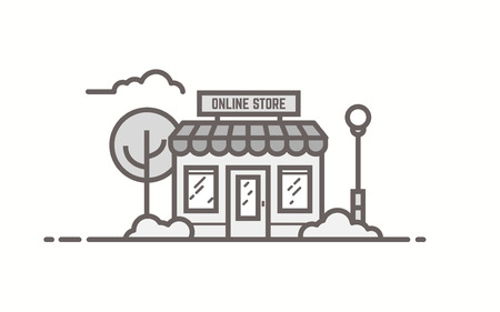 Online store building. Line outline vector illustration. Tree and bushes with street lamp and cloud. Trendy linear retro color style.のイラスト素材