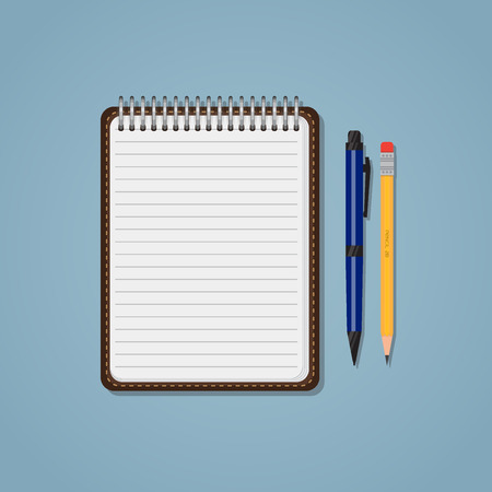 Spiral notebook with lines, pencil and ballpen. Education or business concept. Office supplies.のイラスト素材