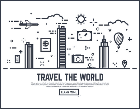 Travel the world illustration vector concept. Thin line style travel banner for web page or tour organization. City scene with huge buildings and skyscrapers.のイラスト素材