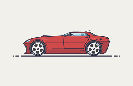 Fictional sport car line vector illustration. Red muscle car in cope body like 90-x design. Big wheels and long hood with air intake.のイラスト素材