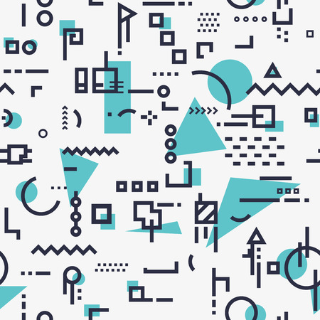 Linear seamless abstract background with black lines and dots with geometric shapes, triangles, squares and circles. Design for brochure flyer or book cover. Stock vector trandy illustration.のイラスト素材