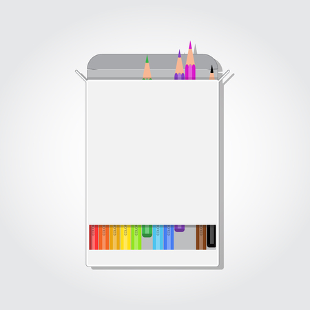 Blank box with colorful pencils. Rectangle cut and opened package of colored pancils.のイラスト素材