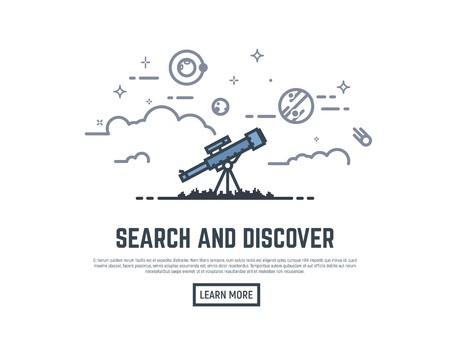 Telescope searching planets and stars in the sky. Cosmos view. Big magnifying glass, sky with clouds, planets, stars and satellite. Thin line style banner. Trendy vector placard with text and button.のイラスト素材