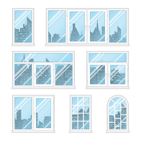 Set of transparent windows with opacity blue glass and city buildings. White frame and different shapes. Realistic vector illustration.のイラスト素材