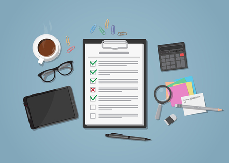Flat realistic business checklist on workplace with green and red marks. Workspace with distributed office objects on it. Coffee cup, tablet, glasses with calculator, magnifier and paper notes.のイラスト素材