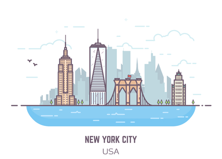 New York City line vector pixel perfect illustration. Bridge and real famous buildings flat style. Architecture background with skyscrapers and river. USA modern town. Business center of NYC.のイラスト素材