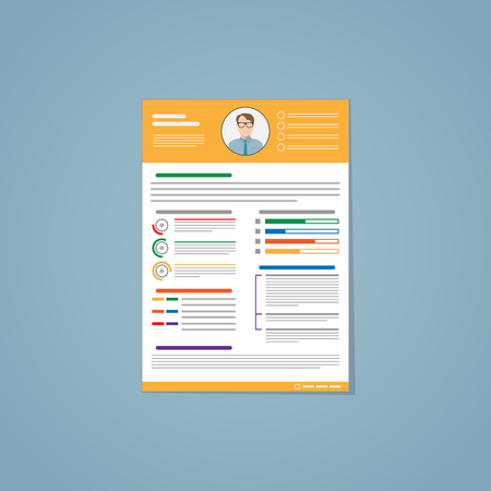 Resume in flat style with yellow lines and a photo of the candidate. It consists of lines of different colors, graphs and dates that characterize the person being hired.のイラスト素材