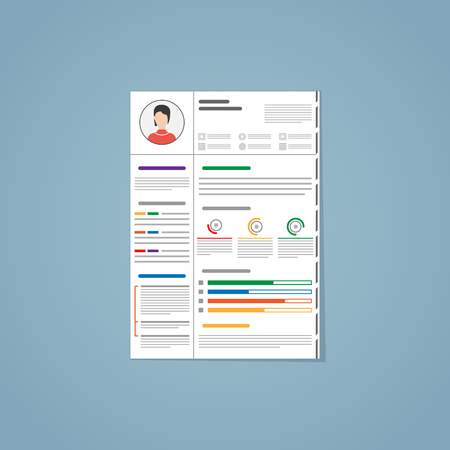 Resume for a hiring. With photo, different graphics, paragraphs and segmenting. Made in flat with different colors.のイラスト素材