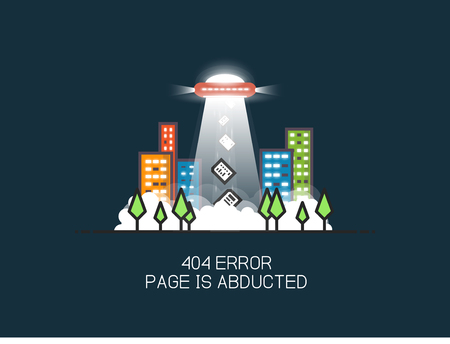 404 error page flat line concept. Template for dark theme site. Link to a non-existent page. UFO with gravitational rays abducting pages in the city from city park. 404 page not found design template.のイラスト素材