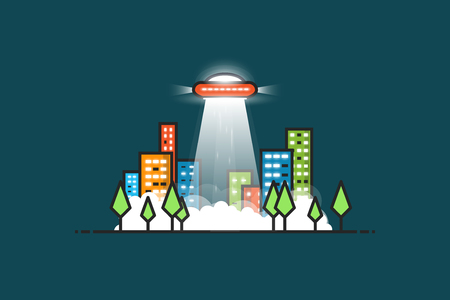 UFO with gravitational abducting rays flying in the city. City park with trees and buildings with glowing windows at night. Fog and smoke on the ground. Space aliens visiting Earth.のイラスト素材