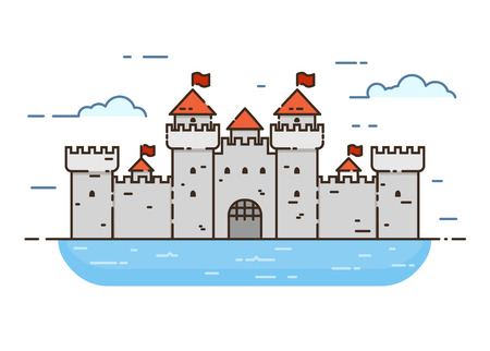 Linear style castle color vector illustration. Medieval castle with towers and walls with flags, surrounded by water.のイラスト素材