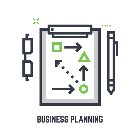 Business planning concept. Sport table with plans and schemes to win or succeed. Minimalistic flat and thic line vector style. Pen and glasses. Two colors. Business plan.のイラスト素材