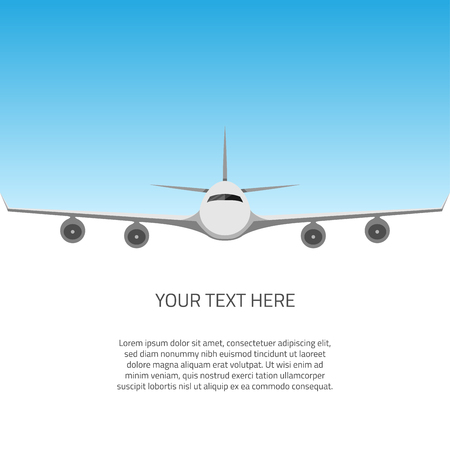A postcard with a plane flying in the sky divided into halves with an area for text. Advertising brochure abstract background vector illustration.のイラスト素材
