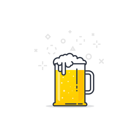 Big glass with fresh yellow live beer and white foam, and bubbles. Line style flat vector illustration. Beer festival concept. Lager sort. Black lines and abstract dots and crosses.のイラスト素材