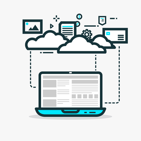 Cloud computing flat style line vector. Laptop with website and clouds. Media files, photos, gears and abstract dots. Abstract concept for web projects or applications. Dashed line circles.のイラスト素材