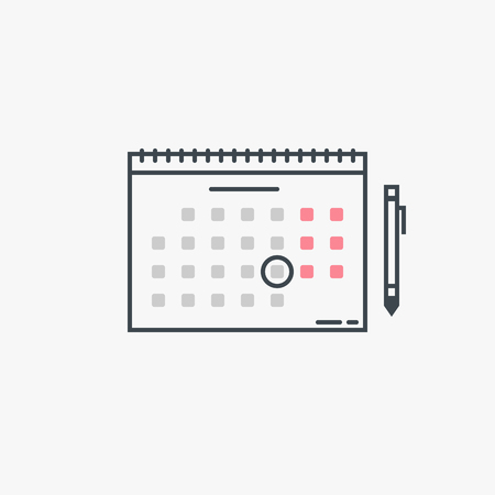 Monthly wall calendar with rings and pen. Circled date or event. Modern line style vector illustration. Marked day, meeting or birthday.のイラスト素材