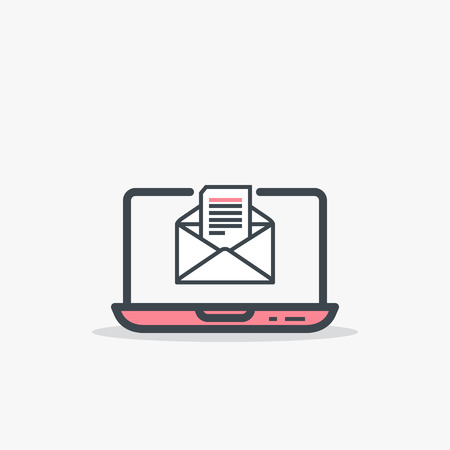 Email and laptop concept. Opened mail envelope and document with text. Modern line style vector illustration. Notebook with e-mail and page in it.のイラスト素材