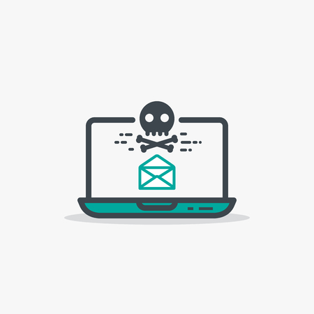 Email with malware and laptop concept. Opened mail envelope and malware or virus skull and bones sign. Modern line style vector illustration. Notebook with e-mail and harmful software.のイラスト素材