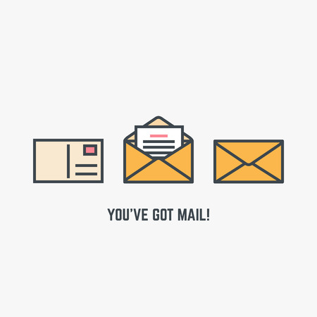 You've got mail concept. Line style flat modern vector illustration with retro colors. Closed envelop, postcard with postage stamp and opened envelope with letter or document in it.のイラスト素材