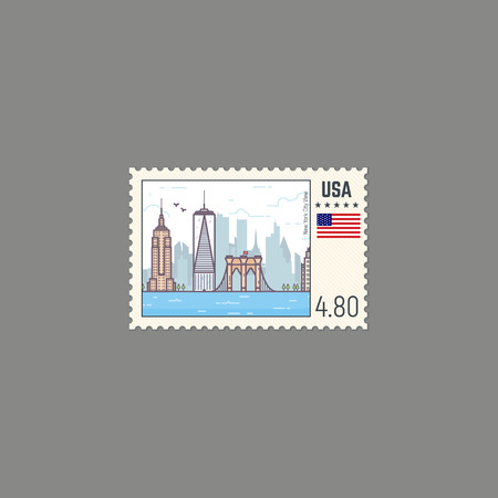 Postage stamp with New York view. Rectangle US postage stamp with perforation. Flat style line modern vector illustration with retro colors. For postal envelopes, postcards or letter retro style.のイラスト素材