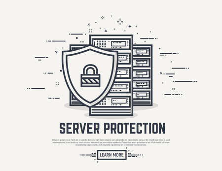 Server or computer security concept. Three cloud servers defended by shield with padlock. Thick lines and flat style illustration. Server with display and abstract lines.のイラスト素材