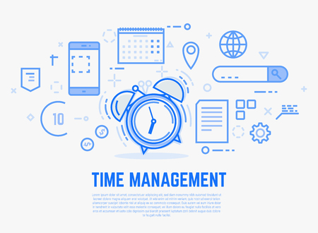 Time management concept. Old alarm clock with bells ringing. Day schedule and office items, calendar, docs. Modern vector line illustration.のイラスト素材