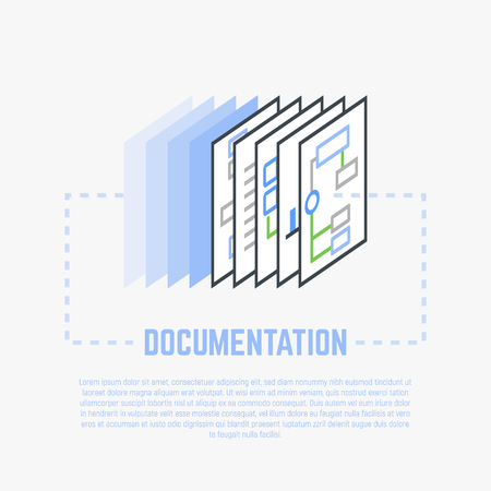 Documentation, copying process. Financial papers, infographics, a4 paper format. Flat style line modern vector illustration.のイラスト素材
