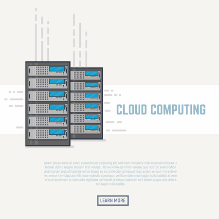Server room rack, hardware with internet cables. Cloud storage concept flat style line modern vector illustration with retro colors.のイラスト素材