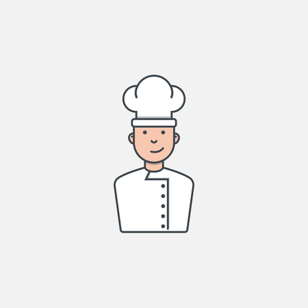 Young man as a chef. Chef hat and white clothes. Flat style line modern vector illustration with retro colors. Logo or icon for restaurant or kitchen. Avatar or icon.のイラスト素材
