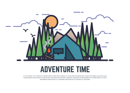 Line style camping color and adventure time placard with nature.のイラスト素材