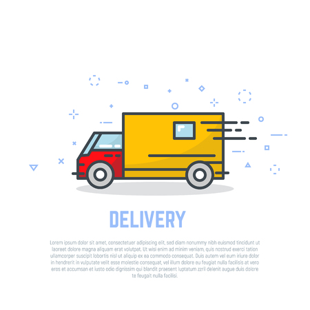 Delivery truck line logo. Linear delivery company advertising. Bright colors, flat style line modern vector illustration. Template for banner or commercial.のイラスト素材