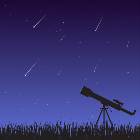 A telescope on the grass against a background of a night sky with a starfall. Astronomical observations of the universe, galaxy and celestial bodies.のイラスト素材